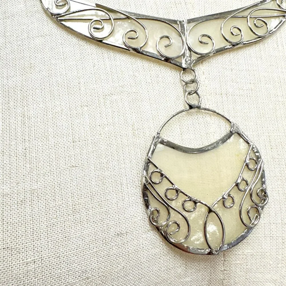 FairTrade Handcrafted Silver Scroll Metal Necklace With Abalone Shell Insert‎